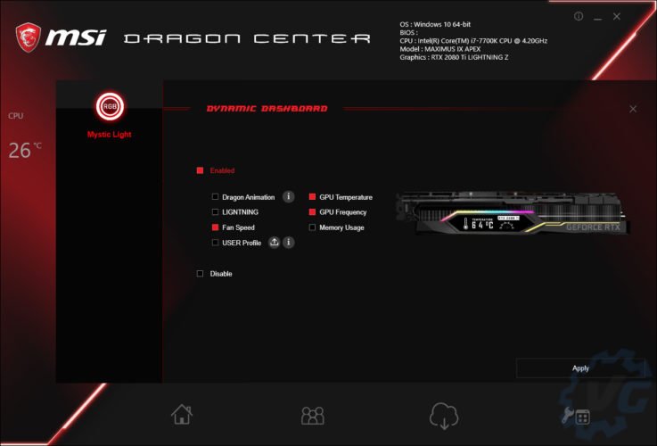 Le logiciel Dargon Center pour la MSI RTX 2080 Ti Lightning