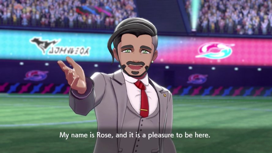 Le président Sheroz, "grand méchant" de ce nouvel opus Pokémon s'adressant à la foule, le bras levé.