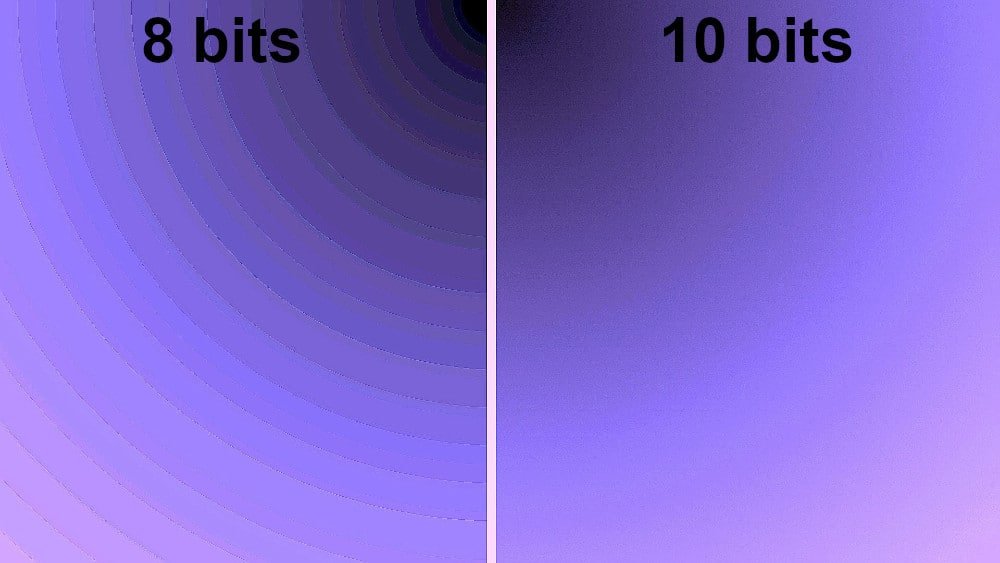 zoom sur un dégradé de violet en 8 et 10 bits