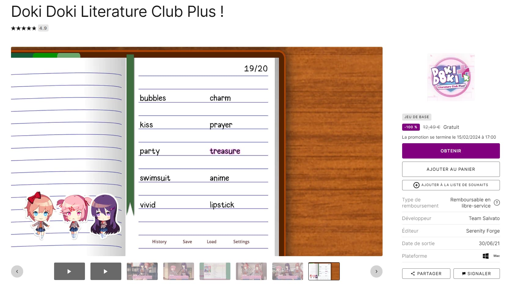 Doki Doki Literature Club Plus! est gratuit sur Epic !